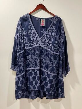 Johnny Was Navy Blue Embroidered Mini Dress